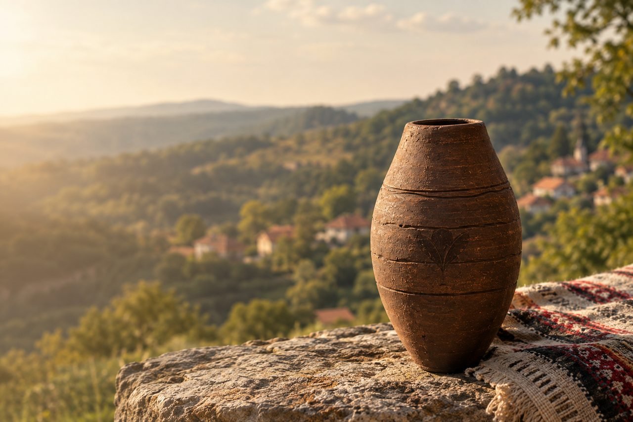 Zemljani ćup od zlakuske gline na kamenom zidu, iznad sela Zlakusa u zlatnom predvečerje, sa tkanim ćilimom pored